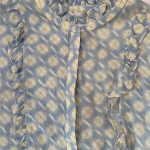 Spring ruffle front button up shirt blue and yellow print